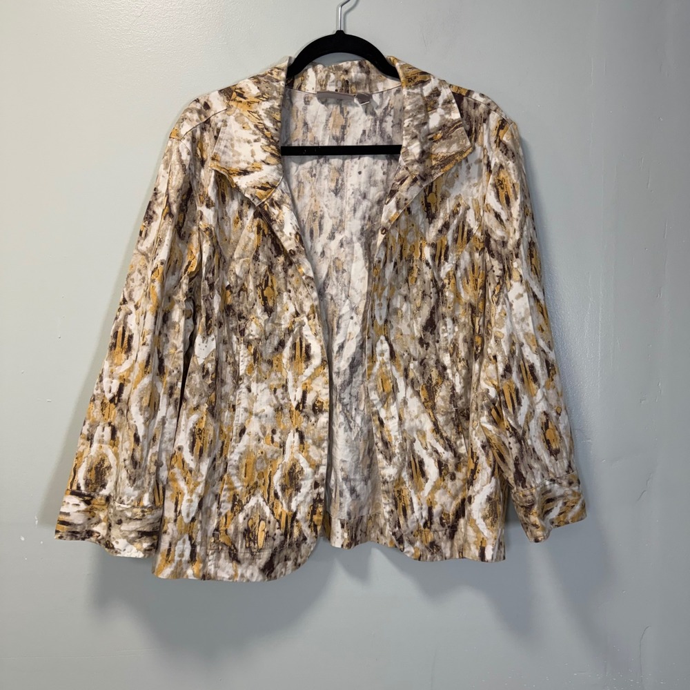 Chico's Abstract Ikat Print Open Front Jacket Tan Yellow White Size XL